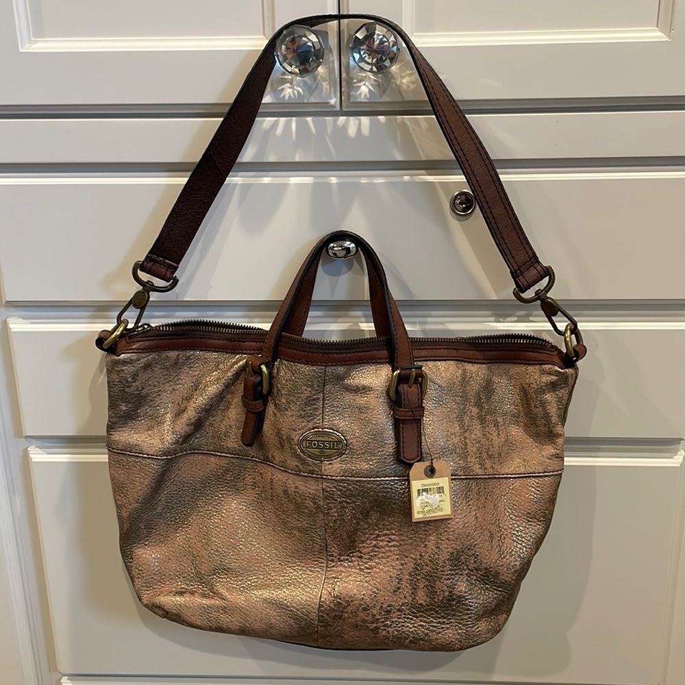 Fossil Shimmer Gold and Brown Handbag Purse Tote